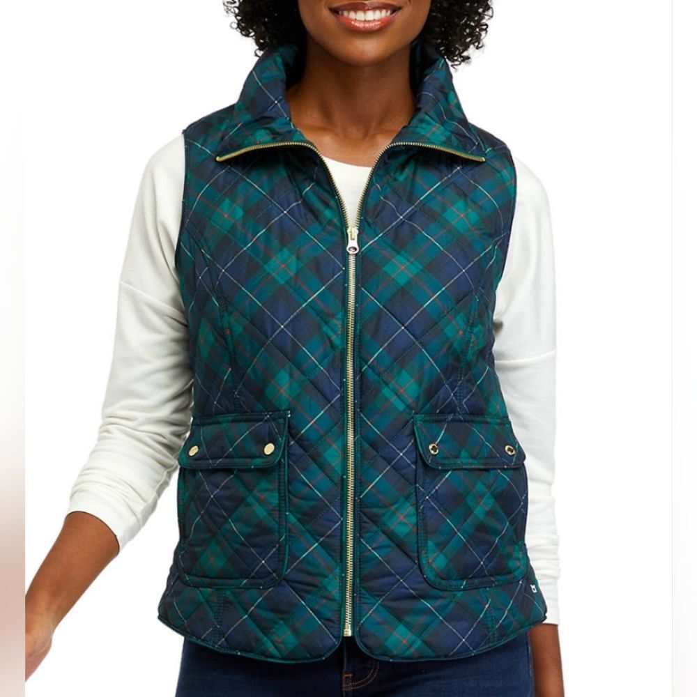 Crown & Ivy NWT Large Dark Green and Blue Plaid Quilted Zipper Sleeveless Vest